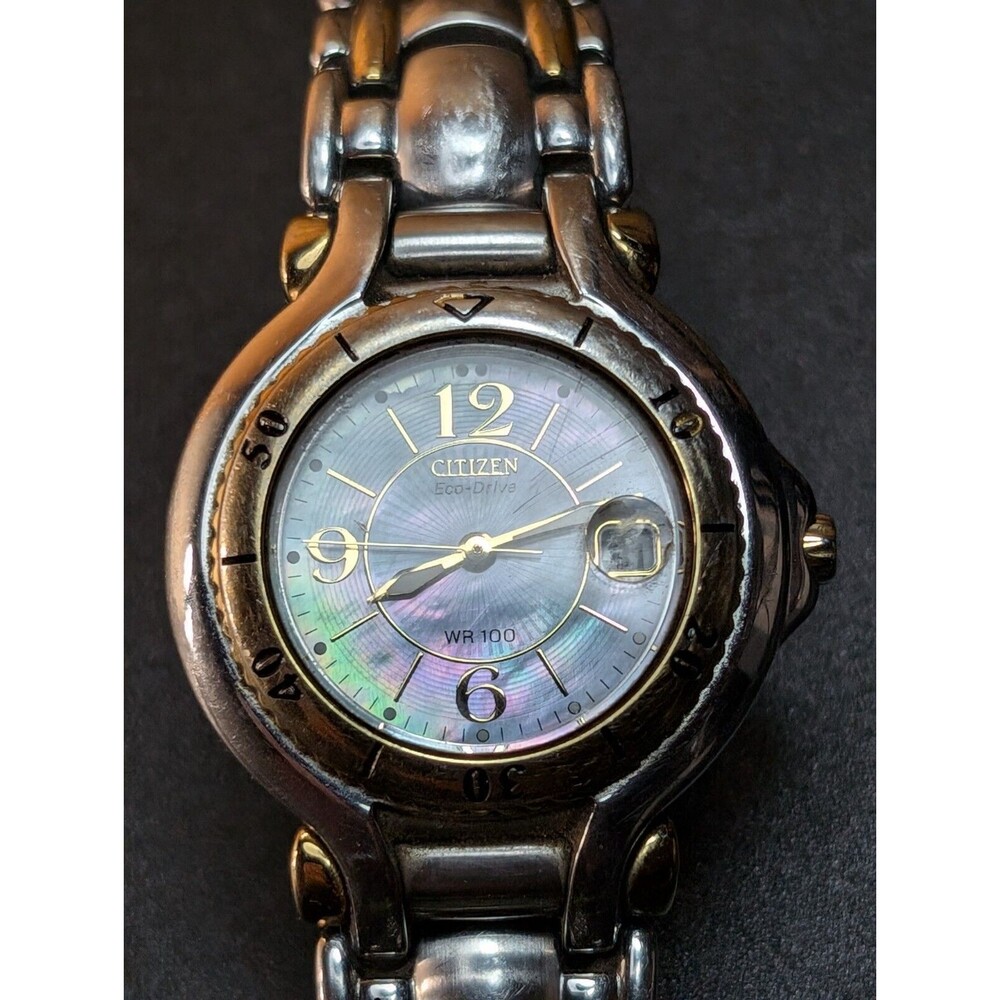 Citizen Eco-Drive Dive Watch Women 29mm MOP Dial Two Tone Date Round Runs 6 in